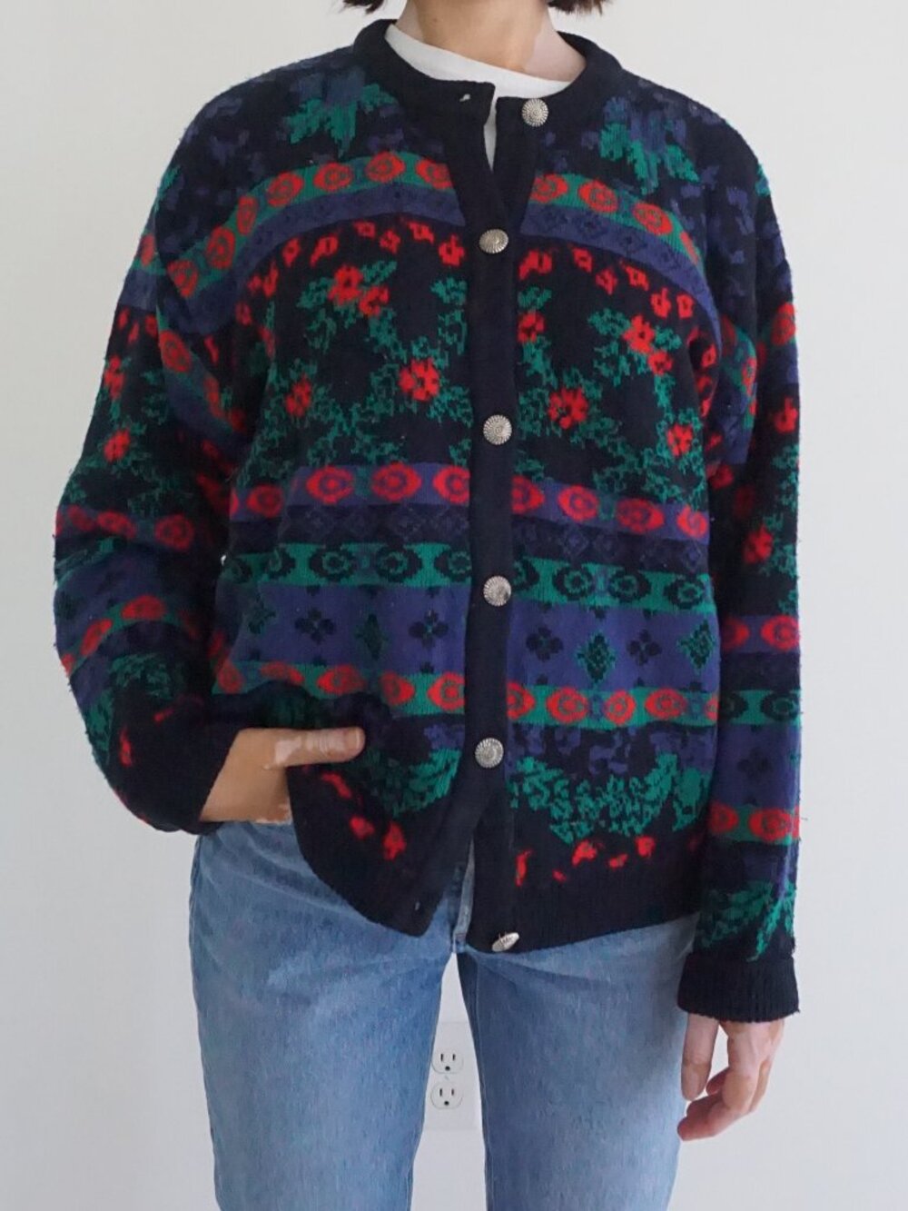 Vintage Bryan Connelly Navy Floral Knit Cardigan Sweater - Multicolor